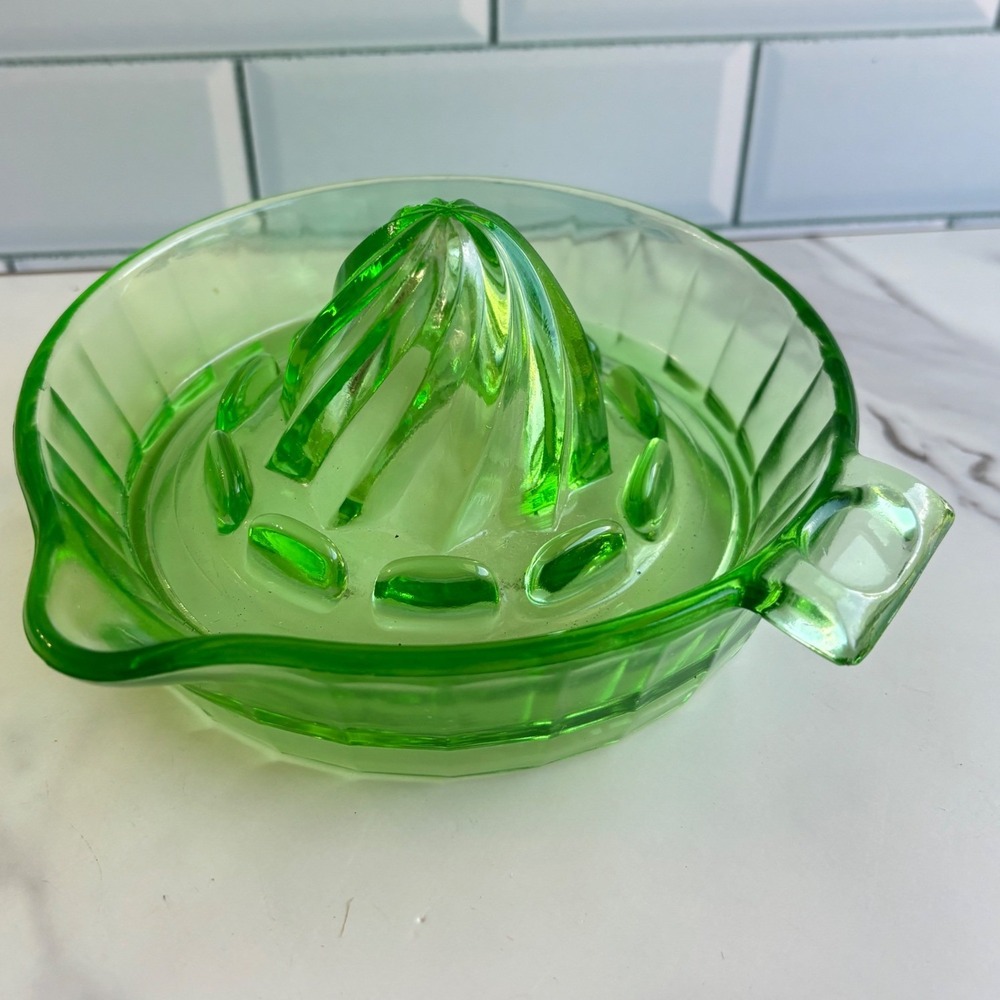 Vintage Green Uranium Glass GLOWS Citrus Juicer Reamer  Pour Spout and Handle